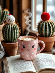 Милая чашка кофе зимой среди книги и кактусов
