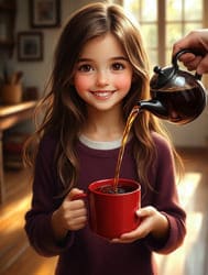девушка держит в руке красную кружку кофе