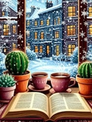 Красивая картинка с кактусами книгой и чашками кофе