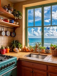 Красивая кухня с большим окном на море и облака