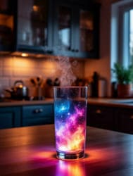 На столе стоит стакан с разноцветным сиянием