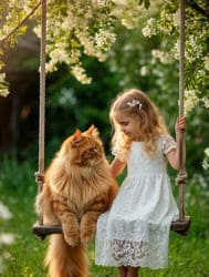 Девочка на качелях с рыжим котом