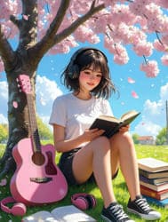 девушка читает книгу и слушает музыку у дерева