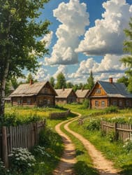 Старая деревня с домами у дороги природа