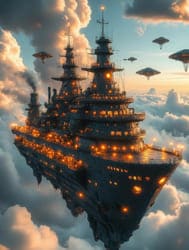 Большой космический корабль летит в облаках