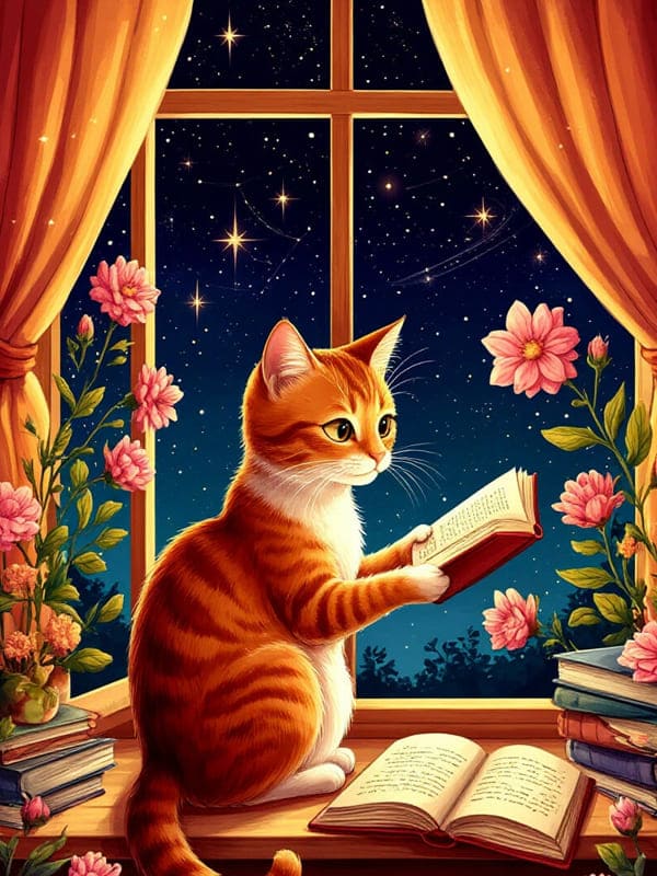 Рыжий кот читает книжку на окне ночью картинка нарисованная