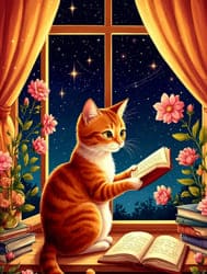Сказочный кот читает книгу на подоконнике