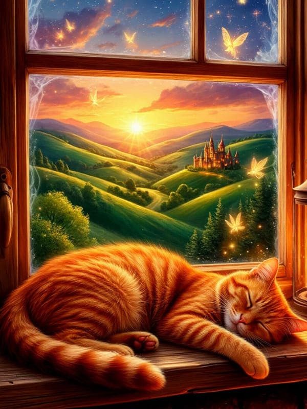 Рыжий котик спит на окне за котором природа, замок и волшебство