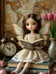 Кукла фея сидит на книгах в вазе цветы