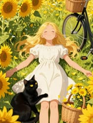 Девушка лежит среди подсолнухов с котом