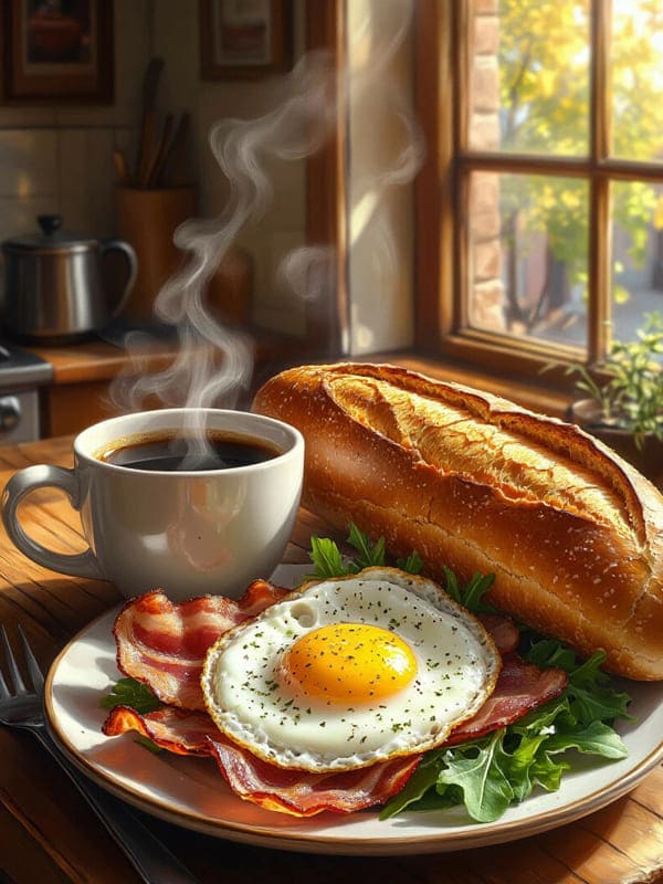 Утренний завтрак кофе, булка, жареный бекон и яичница