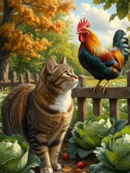 Яркий петух с котом среди грядок с капустой