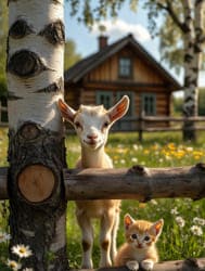 Милый котенок и козленок стоят у березы в деревне