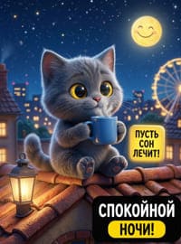 Милый серый котёнок с кружкой на крыше под ночным небом