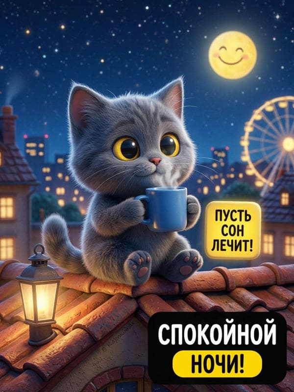Котёнок с кружкой на крыше ночью, луна с улыбкой и надпись Спокойной ночи