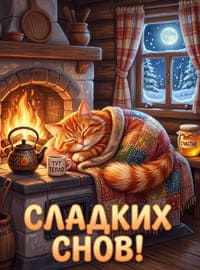 Уютная зимняя иллюстрация: кот у русской печки, чашка и банка мёда