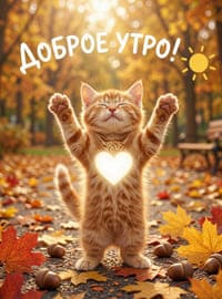 Осенняя открытка с котенком, тянущим лапки к солнцу
