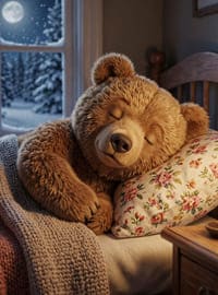 Спящий плюшевый мишка под пледом, зимнее окно с луной и свеча
