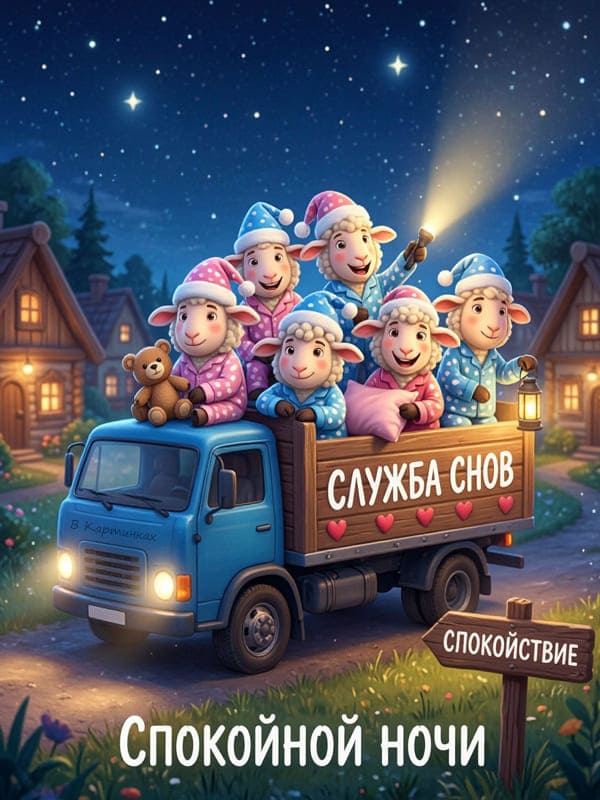 Иллюстрация: овечки в пижамах в кузове синего грузовика с надписью Служба снов на фоне ночной деревни