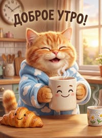 Милый рыжий кот в халате с чашкой кофе и круассаном на столе