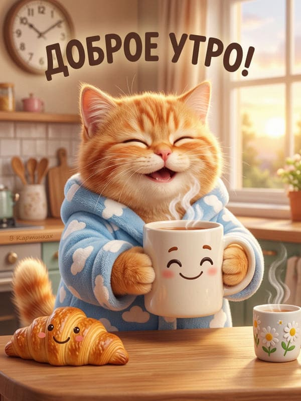 Рыжий кот в голубом халате с чашкой кофе и круассаном на уютной кухне